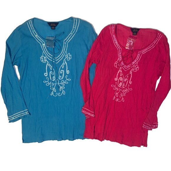 Lot of 2 International Concepts Pink & Blue Tunic Top - L/XL Embroidered NWT - Picture 1 of 9